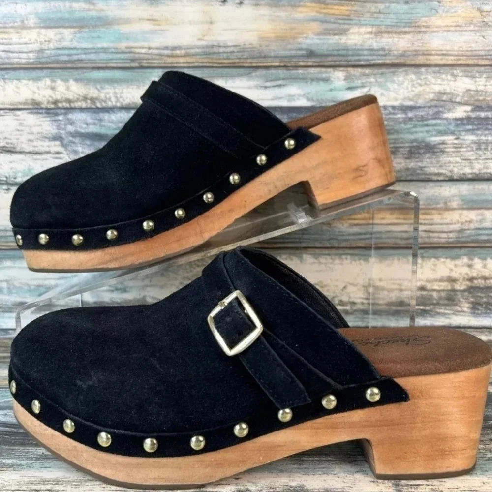 Skechers Memory Foam Sabo Sandals Black Suede Wooden Clogs Mules Size 7
